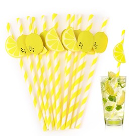 30 Pack Lemon Patterned Paper Drinking Straws, 7.76 Inches Yellow Straws Disposable Paper Straws Lemonade Stand Supplies for Juice, Cocktail, Milkshake, Lemon Themed Party Decorations