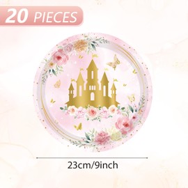 20Pcs Princess Party Plates 9 Inch Pink Floral Castle Paper Plates Princess Party Supplies Disposable Plate Set, for Baby Shower, Fairy Tale, Girls Princess Birthday Party Decorations Supplies