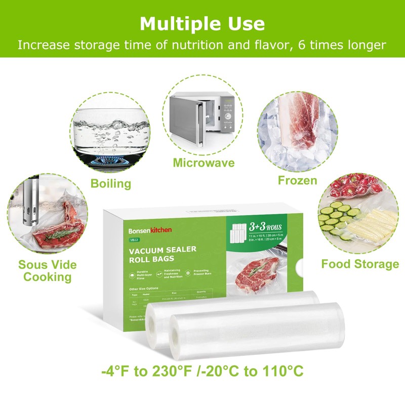 Bonsenkitchen Vacuum Sealer Rolls Bags, 6 Pack 3 Rolls 11"