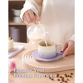 ZENS 7.3 Ounce Cappuccino Cups Set of 2, Artistic Embossed Ceramic Cappuccino Mugs and Saucers, Double Espresso Cups Set of 4 for Au Lait, Cafe Mocha or Matcha Latte or Tea, Pale Purple