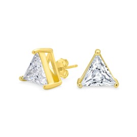 Triangle Shape Cubic Zirconia AAA CZ Trillion Cut Stud Earrings For Men Women Yellow Gold Plated .925 Sterling Silver 3 Prong Set 8MM