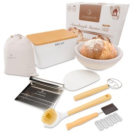 Sourdough bread making tools and supplies with 9” Round Banneton proofing basket, Bread box for kitchen countertop, Scoring tool, Danish Whisk, Dough cutter, bowl scraper, Bread bag and more