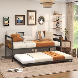 Giantex Metal Daybed with Trundle, Twin Trundle Bed with Metal Slats Support and Rustic Wood Grain Headboard, Space Saving Day Bed for Living Room Guest Room, No Box Spring Needed, Rustic Brown