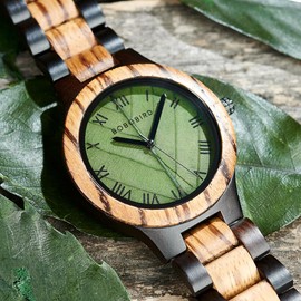 EBONY Wood Watch for Men Natural Wooden Japanese Quartz Minimalist Style Mens Wristwatch Unique Real Leaf Vein Dials Lightweight Casual Watches (MWL-Green3)