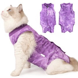 Cat Recovery Suit for Male and Female Surgical Post Surgery Soft Cone Onesie Tie Dye Cats Shirt Clothes Neuter Licking Protective Diapers Outfit Cover Kitten Spay Collar Alternative(Purple, L)