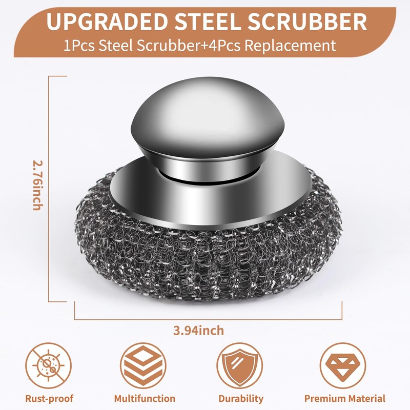 5Pcs Steel Wool Scrubber with Replacement Wire Sponge Pads Set,