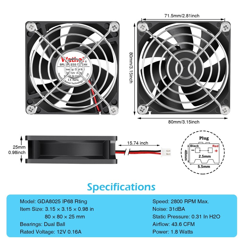 Wathai IP68 80mm x 25mm 12V Waterproof Cooling Fan High
