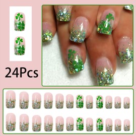 24Pcs St. Patrick's Day Press on Nails Square Medium False Nails with Glitter Sequins Green Shamrock Design Full Cover Artificial Glue on Nails Irish Day Clover Stick on Nails False Nails for Women