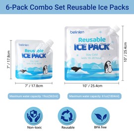 Belinlen 6 Pack Reusable Ice Packs for Cooler, Long Lasting Freezer Packs Combo for Cooler Bag, Lunch Box, Camping, Fishing, Beach, Picnic(3 Pack 7x7 Inch and 3 Pack 10x10 Inch)