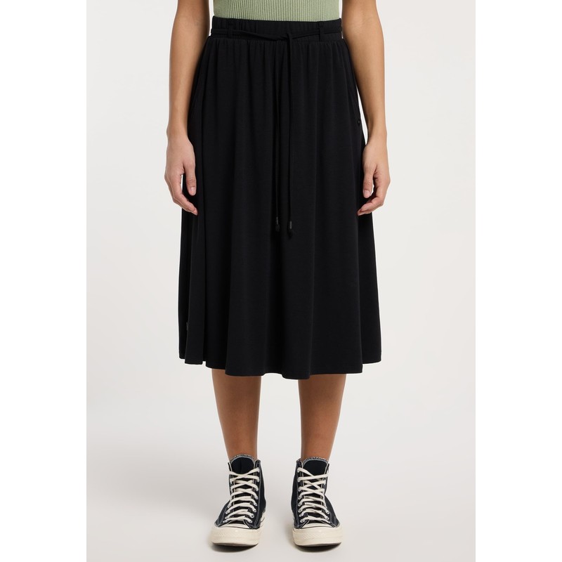 Reikko Knee-Length Skirt with Pockets and Thin Fabric Belt, black,