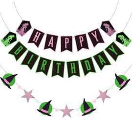 VitalCozy Witch Theme Happy Birthday Banner, Pink and Green Birthday Hanging Banner Witch Princess Backdrop Decorations for Women Movie Theme Party Decor