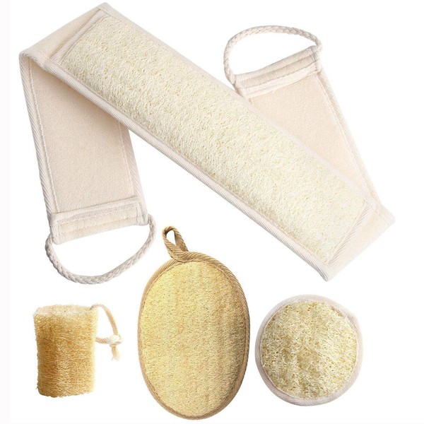 Loofah Body Scrubber - 4 Pack Exfoliating Sponge for Back, Natural Loofah Shower Sponge, Exfoliating Washcloth, Face Scrubber, Deep Cleansing and Revitalising Your Skin (Free Suction Cup Hook)