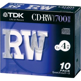 TDK CD-RW Data 700MB 4x 5mm Thick Case Pack of 10 [CD-RW80X10S]