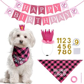 Dog Birthday Party Decoration Set, Blue Paw Print Banner, Birthday Boy Bandana, Party Hat with Numbers (Pink)