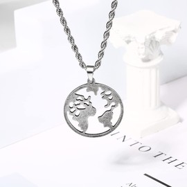 Cloyo Antique Silver Necklace for Women Men Stainless Steel World Map Globe Pendant Necklace 18" Chain