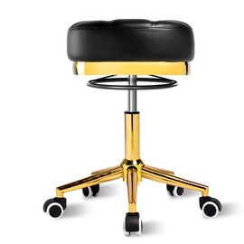 Heavy Duty Gold Rolling Stool-400 lbs Weight Capacity,360° Lifting Freedom, Height Adjustable Stool With Wheels,PU Leather With Gold Rings,High-Value And Suitable For Hairdressers,bedrooms（Deep Black）