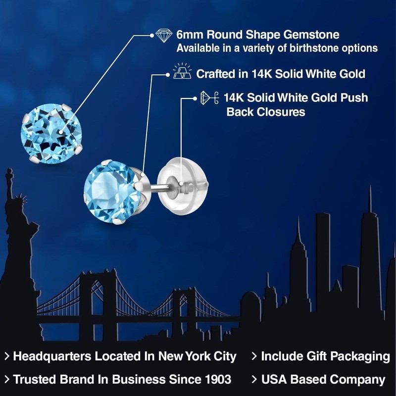 Gem Stone King 10K White Gold Round Topaz Stud Earrings