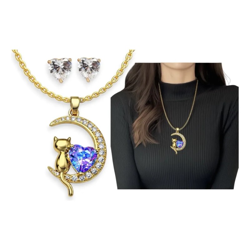 Joyawish - Set Collar Gato Luna + Aretes Regalo Mama