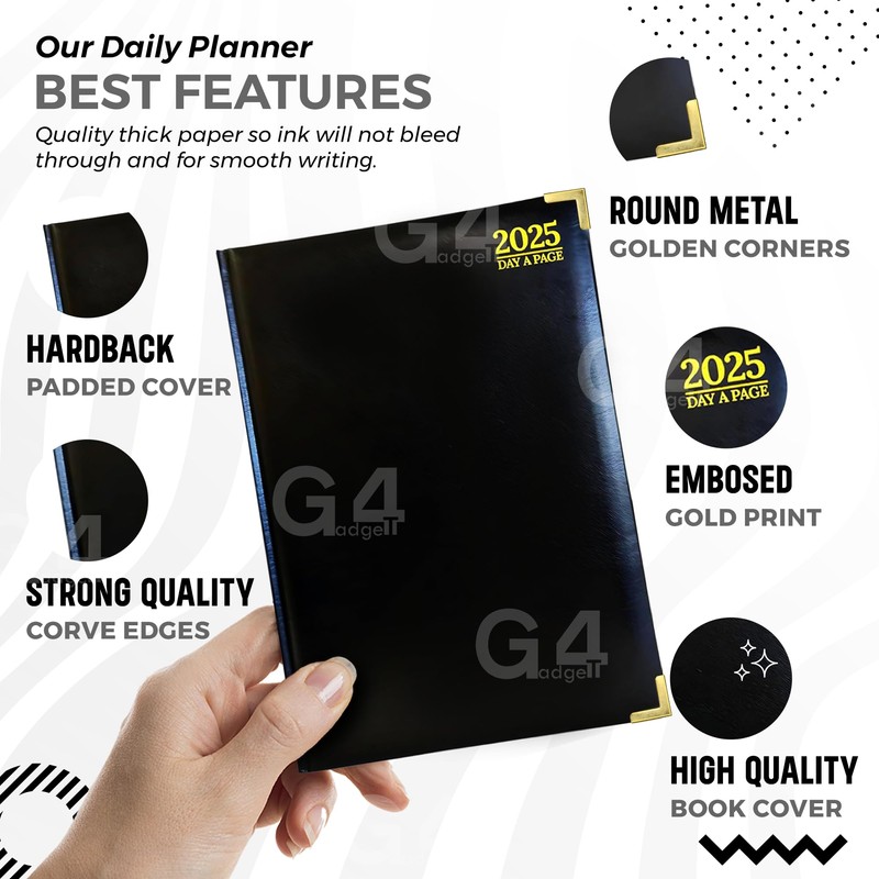 G4GADGET A5 Day A Page Diary Black 2025 | Hardback