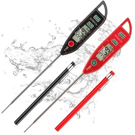 BOMATA Set of 2 Waterproof IPX7 Meat Thermometer for Instant Food Temperature Measurement, with Long Probe, Suitable for Water, Liquids, Kitchen Cooking, Grilling and BBQ! 2 Pieces (Black and Red)