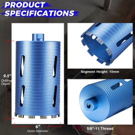 DaduoRi 6" Core Drill Bit with 3 Adapters Included: SDS Plus, SDS Max and 1/2" Hex Abor, 5/8"-11 Thread, 9.5" Drilling Depth Dry Core Bits for Concrete Brick Block, Motar, Masonry (152mm)