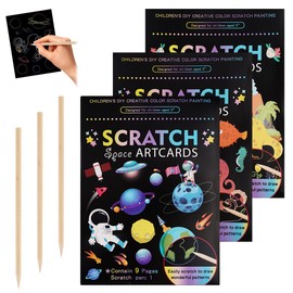Set of 3 Scratch Paper for Children with Wooden Pens, Dinosaurs, Underwater World, Spaceman Scratch Pictures, Notebook Set, 18.5 x 13.5 cm Magic Scratch Book, Scratch Painting, Birthday Gift for Boys