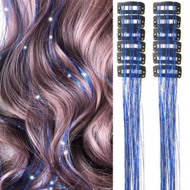 Clip in Hair Tinsel Pack of 12 Pcs 24 Inch Glitter Sapphire Blue Tinsel Hair Extensions Heat Resistant Sparkle Fairy Hair Accessories for Kids Girls & Women(24Inch 12Pcs,Sapphire blue)