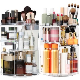VNIMTI 2 Pack Rotating Makeup Organizer for Vanity, Large Cpacity Cosmetic & Skincare Organizers, Clear Makeup Holder for Countertop， Dresser and Bathroom, Adjustable Trays, 360 Degree Spinning