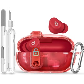 Seucre Lock Case for Beats Solo Buds 2024, with 3-in-1 Cleaner & Keychain, Ekoonpft Soft TPU Cases Cover Compatibility with Beats Solo Buds Wireless Bluetooth Earbuds, Full Protection (Clear Red)
