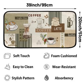 Kitchen Rugs Non Slip Washable - Anti Fatigue Cushioned Kitchen Mats for Floor, Absorbent Comfort Mat 39 X 20 Inch, Floor Rugs Mat Home Decor for Sink Office Laundry (Coffee Theme)