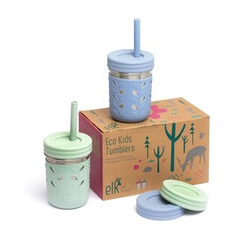 Elk and Friends Elk and Friends Stainless Steel Cups | 10 oz Mason Jar design | Kids & Toddler Cups with Silicone Sleeves & Straws with Stopper | Smoothie Cups