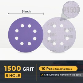 HARFINGTON 10 Pcs 5 Inch Sanding Disc 8 Hole 1500 Grit Hook and Loop Sandpaper Random Orbital Sander Pads for Woodworking Automotive Metal Polishing, Purple