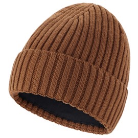 Connectyle Men's Rib Knit Wool Cuffed Beanie Hats Fleece Lined Warm Knitted Winter Hats Camel