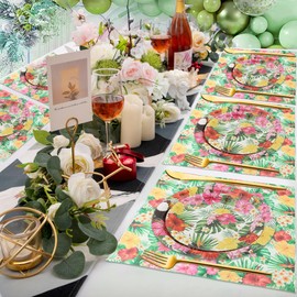 Hawaiian Plates and Napkins Tropical Luau Party Supplies - Palm Leaf and Hibiscus Disposable Tableware Set for Hawaiian Tropical themed Party Serve for 24 Guests