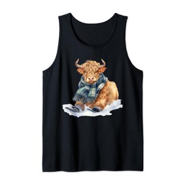 Funny Scottish Highland Cow Green Plaid Scars Snowshoe Ski Tank Top