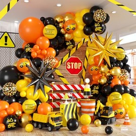 Construction Balloon Garland Arch Kit, Construction Party Decoration With Black Yellow Orange Star Foil Balloons Print Balloons for Construction Themed Birthday Truck Party Graduation Supplies