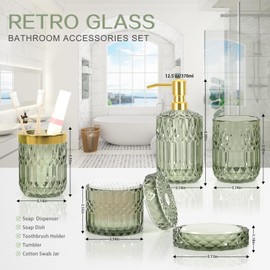 Towoaafu Green Bathroom Accessories Set - 5 PCS Glass Bathroom Decor with Soap Dispenser & Soap Dish & Toothbrush Holder & Tumbler & Cotton Swab Jar - Bathroom Accessory Set for Vanity