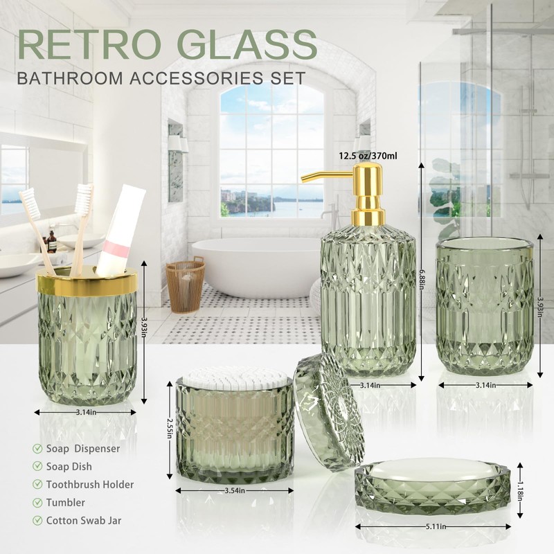 Towoaafu Green Bathroom Accessories Set - 5 PCS Glass Bathroom