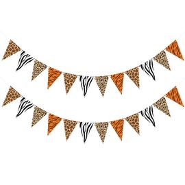 VILIFEVER 2 Pieces Animal Print Pennant Banner Jungle Theme Party Supplies Safari Birthday Party Decorations, Jungle Safari Birthday Banner for Animal Zoo Party Decor