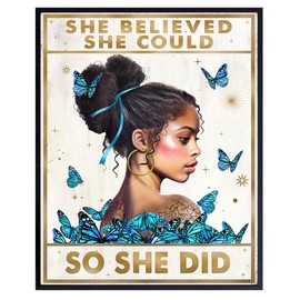 Black Girl Inspirational Wall Decor - She Believed She Could So She Did Wall Art - African American Art - Positive Motivational Quotes - Blue Bedroom Living room Decor for African American Women