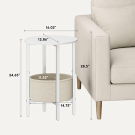 Vagusicc Round Side Table End Table with Storage Basket, Small Side Table Round Nightstand for Small Spaces, Tall Oval End Table with Steel Frame, Coffee Bedside Table for Living Room Bedroom, White