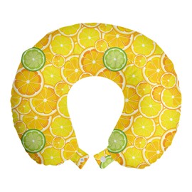 Ambesonne Yellow Travel Pillow Neck Rest, Lemon Orange Lime Fruit Citrus Round Cut Circles Big and Small Pattern, Memory Foam Traveling Accessory for Airplane and Car, 12", Yellow White