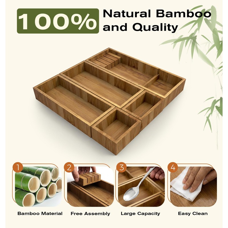 KOCWELL Bamboo Silverware Drawer Organizer with Knife Block, 5 Removable
