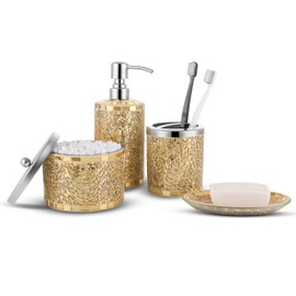 Joitsvia Bathroom Accessory Set, 4 Pcs Gold Bathroom Accessories Sets, Include Soap Dispenser, Cotton Swab Jars, Tooth Brush Holder and Soap Dish