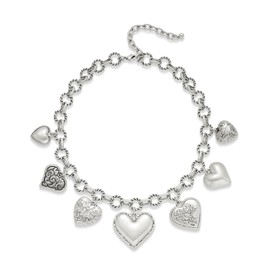 GLORIG Worn Silver Heart Necklaces for Women with Seven Textured Heart Charms Necklace Puffy Heart Necklaces Silver Necklaces For Women Statement Necklace Women Jewelry Gift