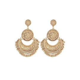 Antique Ethnic Brocade Mexico Gypsy Engraved Lotus Hook Dangle Earrings for Women(Gold)