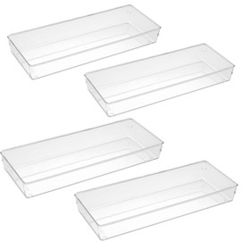 YFEEN 4Pack Large Size Clear Plastic Desk Drawer Dividers Drawer Organizer Wide Tray for Makeup,Kitchen Utensils,Silverware,Jewelries and Gadgets 15’’x6’’