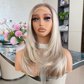 Carkira Candy Wear and Go Glueless Pre Plucked T Part Lace Front Wig Light Blonde with Brown 16Inch Layered Style Middle Part for Women Girls