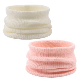 Bamery Kids Knit Scarf Boys Girls Neck Warmer Soft Warm Infinity Scarf Neck Gaiter for Fall Winter 2-Pack (White+Pink)