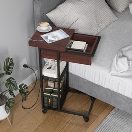 LIDYUK C Shaped End Table with Charging Station, Flip Top Side Table with USB Ports and Outlets, C Table Sofa Table with Storage Shelf for Living Room, Bedroom, Dark Cherry